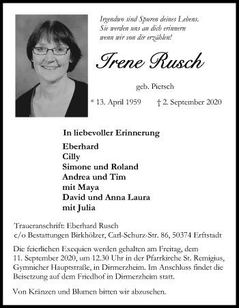 Anzeige von Irene Rusch von Kölner Stadt-Anzeiger / Kölnische Rundschau / Express