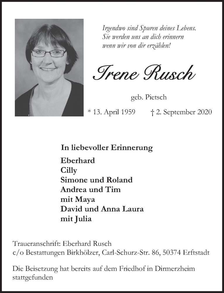  Traueranzeige für Irene Rusch vom 11.09.2020 aus  Werbepost 