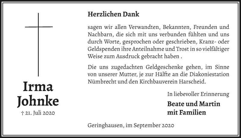  Traueranzeige für Irma Johnke vom 25.09.2020 aus  Lokalanzeiger 