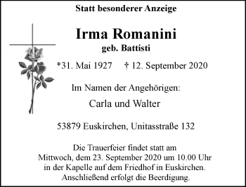 Anzeige von Irma Romanini von  Blickpunkt Euskirchen 