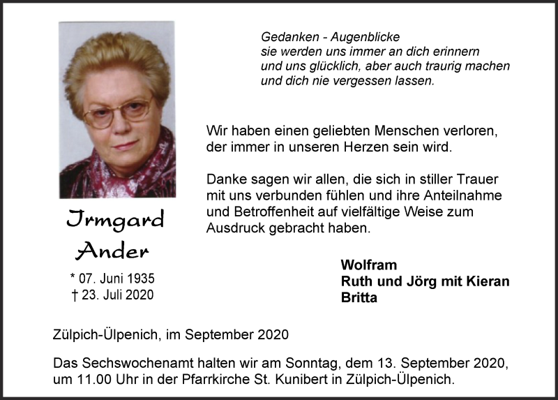  Traueranzeige für Irmgard Ander vom 05.09.2020 aus  Blickpunkt Euskirchen 