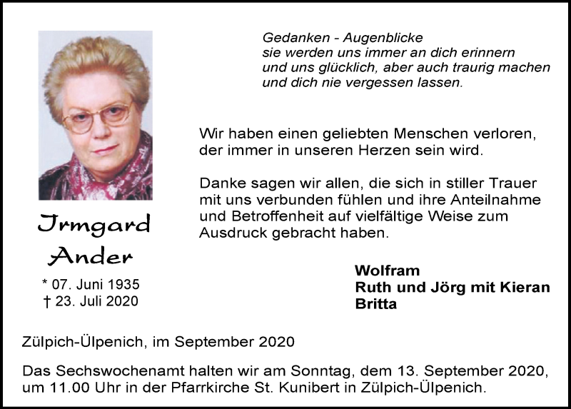  Traueranzeige für Irmgard Ander vom 12.09.2020 aus  Blickpunkt Euskirchen 