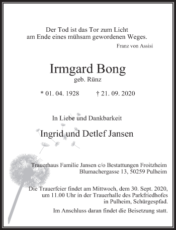 Anzeige von Irmgard Bong von  Wochenende 