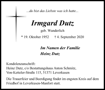 Anzeige von Irmgard Dutz von Kölner Stadt-Anzeiger / Kölnische Rundschau / Express