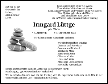 Anzeige von Irmgard Lüttge von Kölner Stadt-Anzeiger / Kölnische Rundschau / Express
