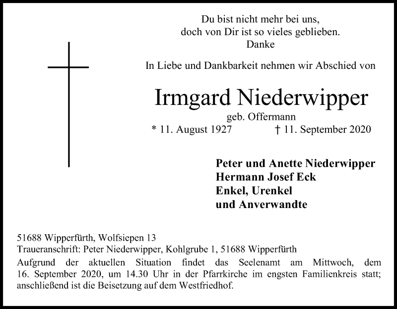  Traueranzeige für Irmgard Niederwipper vom 14.09.2020 aus Kölner Stadt-Anzeiger / Kölnische Rundschau / Express