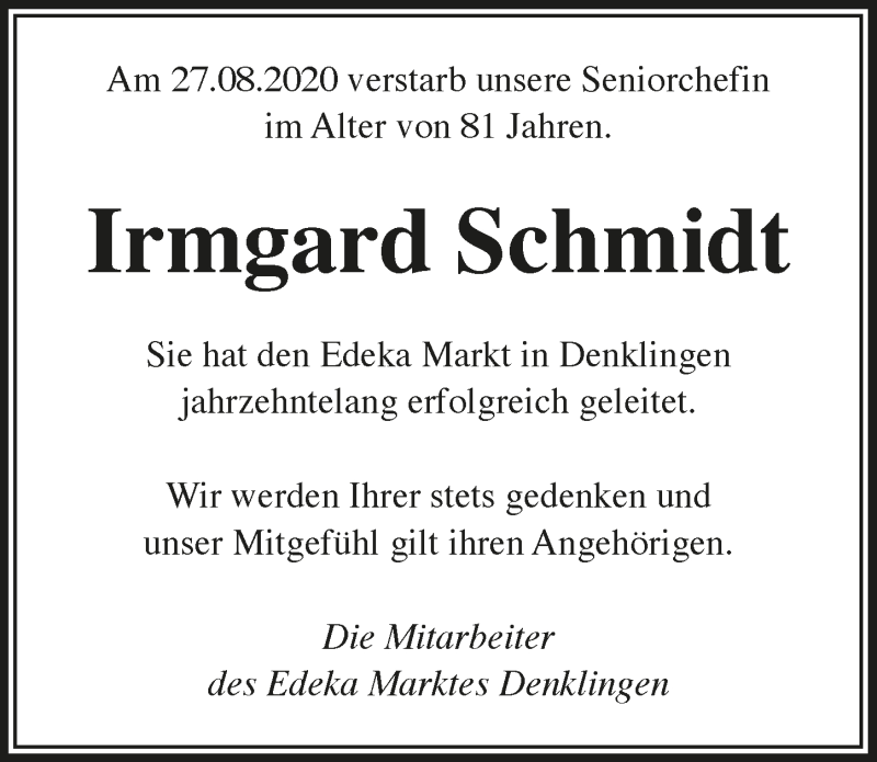  Traueranzeige für Irmgard Schmidt vom 11.09.2020 aus  Lokalanzeiger 