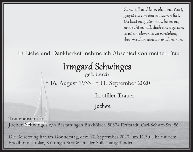  Traueranzeige für Irmgard Schwinges vom 18.09.2020 aus  Werbepost 