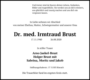 Anzeige von Irmtraud Brust von Kölner Stadt-Anzeiger / Kölnische Rundschau / Express