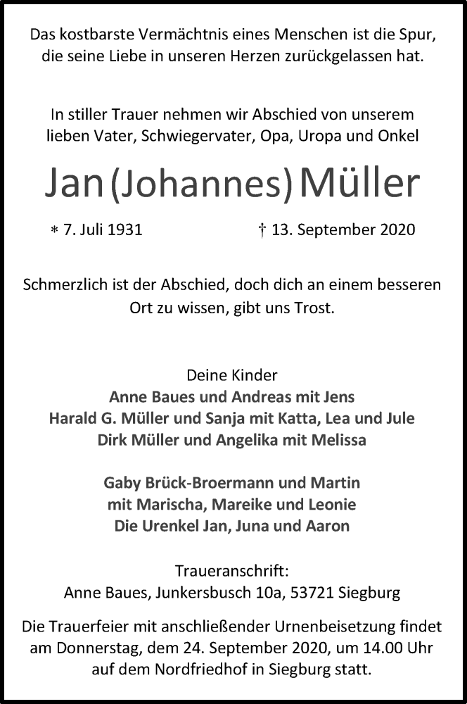  Traueranzeige für Jan  Müller vom 19.09.2020 aus Kölner Stadt-Anzeiger / Kölnische Rundschau / Express