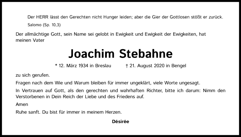  Traueranzeige für Joachim Stebahne vom 26.09.2020 aus Kölner Stadt-Anzeiger / Kölnische Rundschau / Express