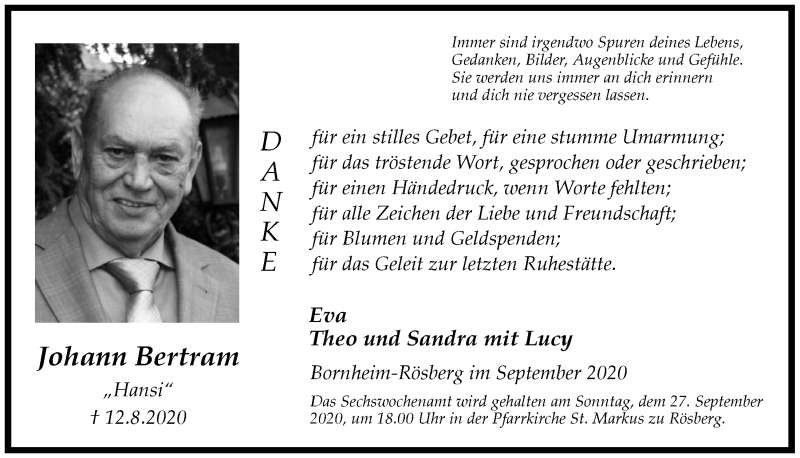  Traueranzeige für Johann Bertram vom 18.09.2020 aus  Schaufenster/Blickpunkt 