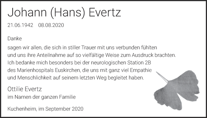  Traueranzeige für Johann Evertz vom 05.09.2020 aus  Blickpunkt Euskirchen 