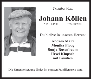 Anzeige von Johann Köllen von  Wochenende 