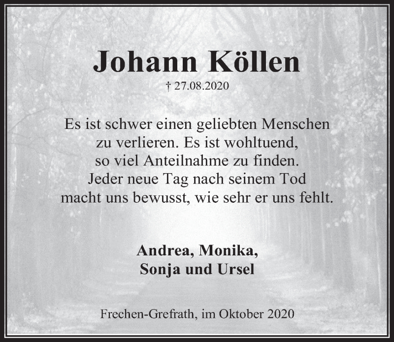  Traueranzeige für Johann Köllen vom 01.10.2020 aus  Wochenende 