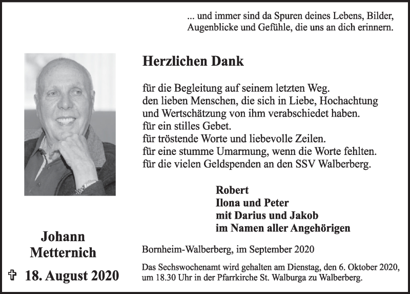  Traueranzeige für Johann Metternich vom 01.10.2020 aus  Schlossbote/Werbekurier 