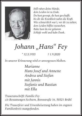 Anzeige von Johann Hans Fey von  Schlossbote/Werbekurier 