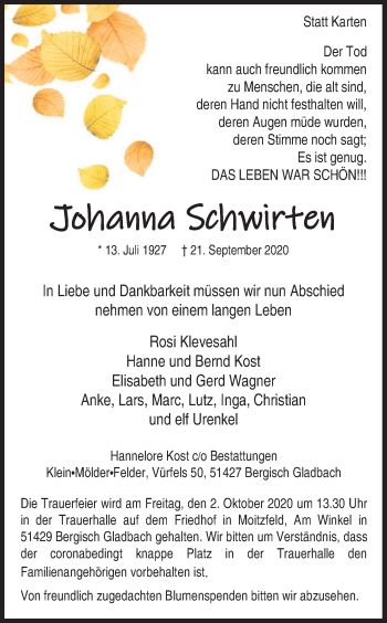 Anzeige von Johanna Schwirten von Kölner Stadt-Anzeiger / Kölnische Rundschau / Express