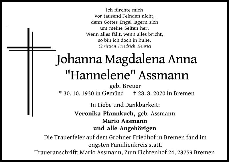  Traueranzeige für Johanna Magdalena Anna Assmann vom 26.09.2020 aus Kölner Stadt-Anzeiger / Kölnische Rundschau / Express