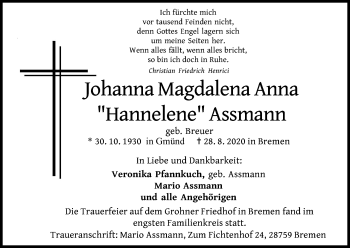 Anzeige von Johanna Magdalena Anna Assmann von Kölner Stadt-Anzeiger / Kölnische Rundschau / Express