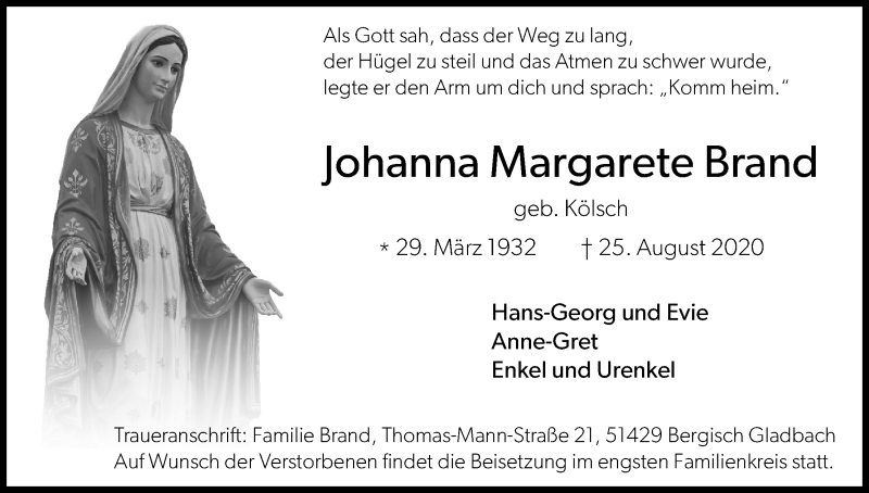  Traueranzeige für Johanna Margarete Brand vom 05.09.2020 aus Kölner Stadt-Anzeiger / Kölnische Rundschau / Express