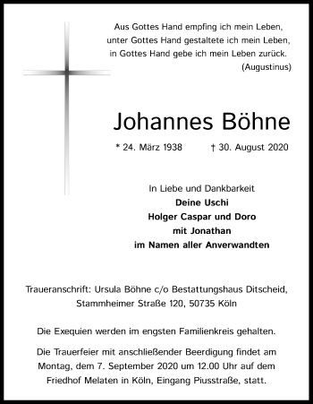 Anzeige von Johannes Böhne von Kölner Stadt-Anzeiger / Kölnische Rundschau / Express