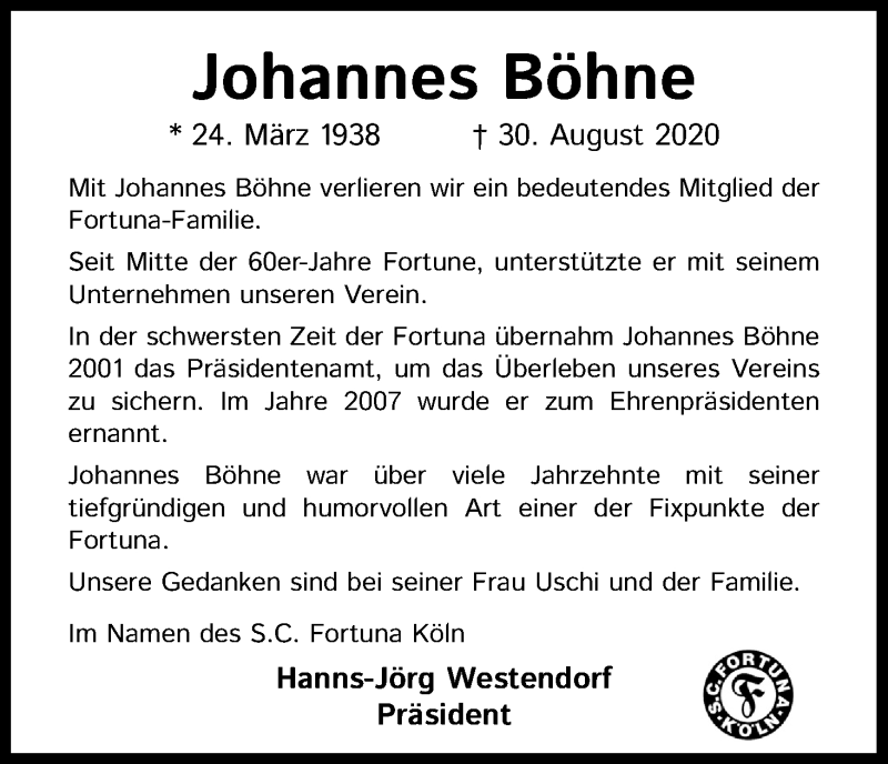  Traueranzeige für Johannes Böhne vom 12.09.2020 aus Kölner Stadt-Anzeiger / Kölnische Rundschau / Express
