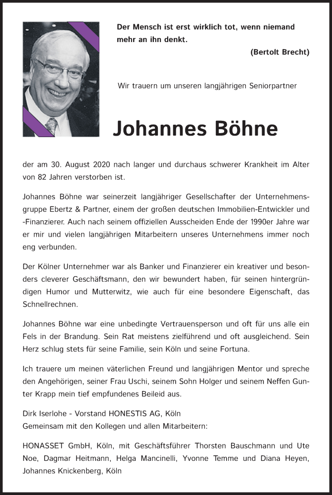  Traueranzeige für Johannes Böhne vom 05.09.2020 aus Kölner Stadt-Anzeiger / Kölnische Rundschau / Express