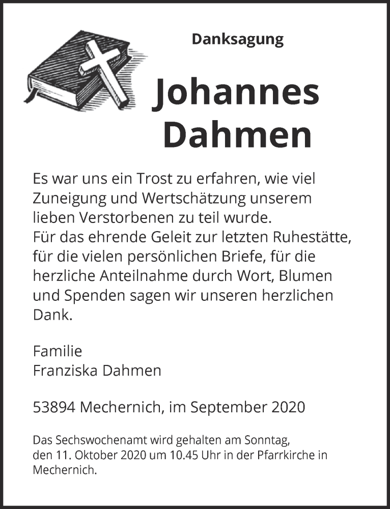  Traueranzeige für Johannes Dahmen vom 19.09.2020 aus  Blickpunkt Euskirchen 