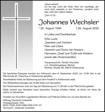 Anzeige von Johannes Wechsler von Kölner Stadt-Anzeiger / Kölnische Rundschau / Express