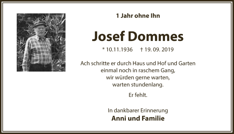  Traueranzeige für Josef Dommes vom 18.09.2020 aus  Bergisches Handelsblatt 