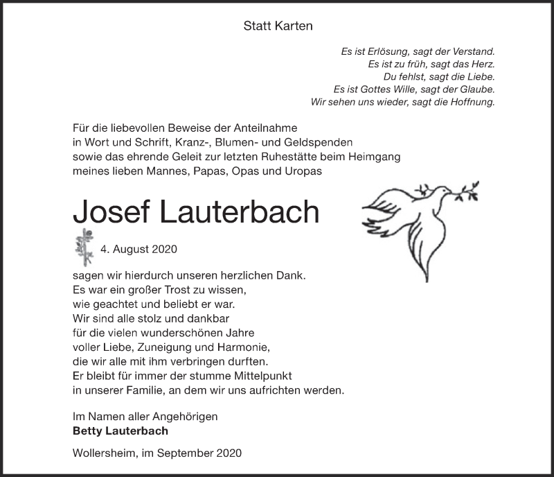  Traueranzeige für Josef Lauterbach vom 12.09.2020 aus  Blickpunkt Euskirchen 