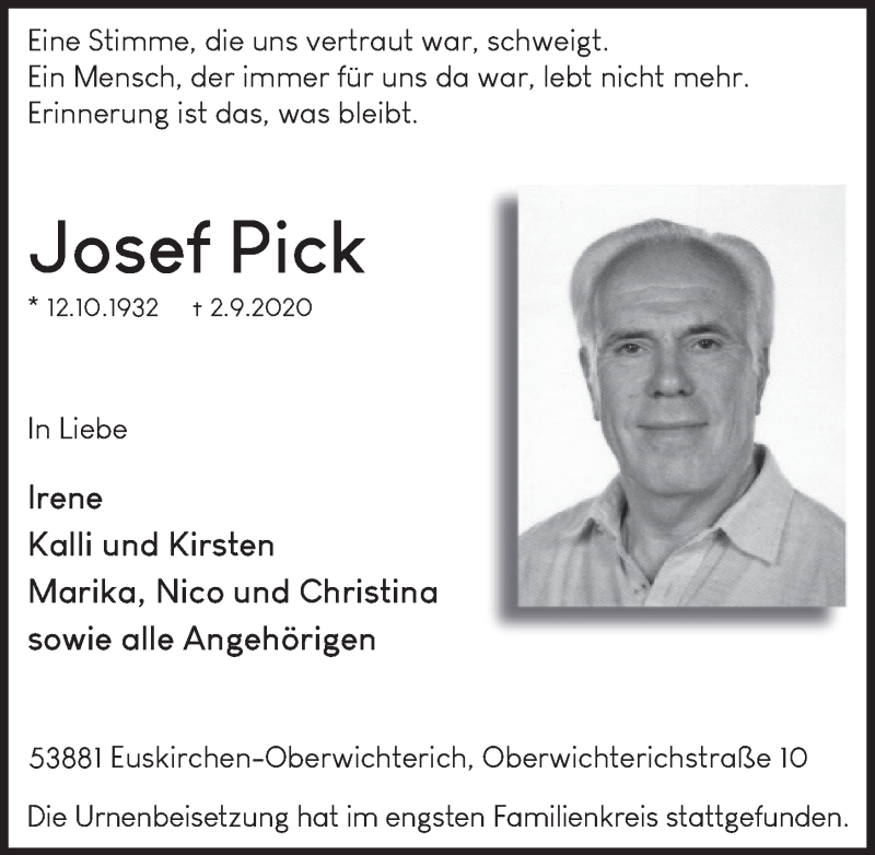  Traueranzeige für Josef Pick vom 12.09.2020 aus  Blickpunkt Euskirchen 