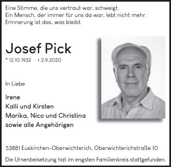 Anzeige von Josef Pick von  Blickpunkt Euskirchen 