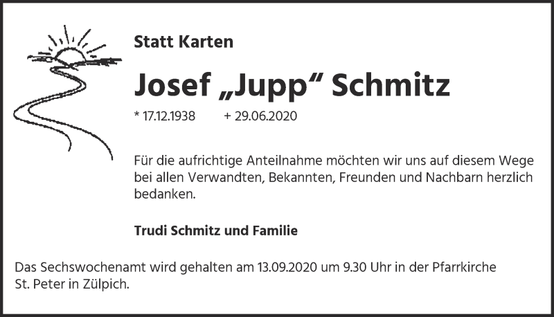  Traueranzeige für Josef Schmitz vom 05.09.2020 aus  Blickpunkt Euskirchen 