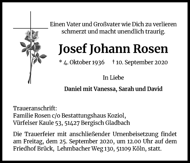  Traueranzeige für Josef Johann Rosen vom 19.09.2020 aus Kölner Stadt-Anzeiger / Kölnische Rundschau / Express