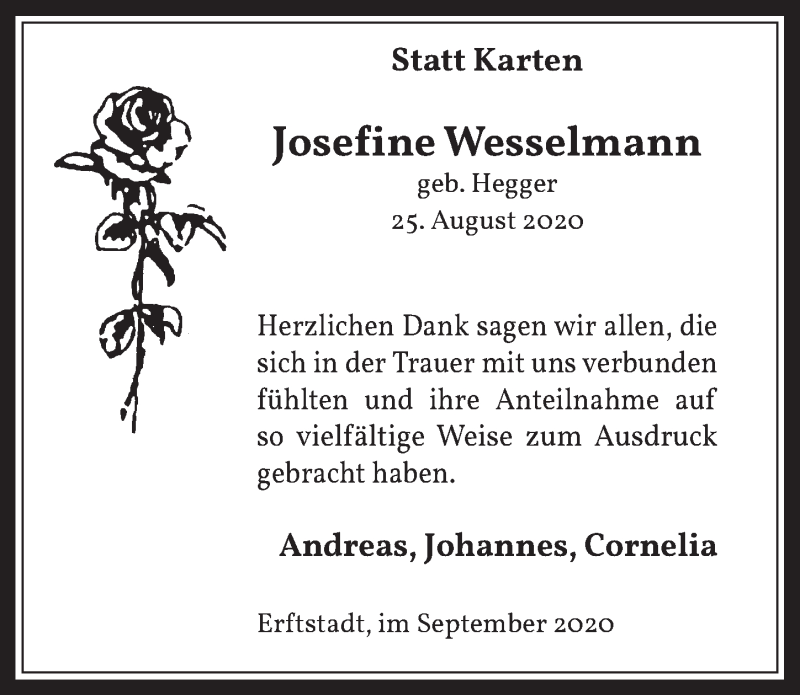  Traueranzeige für Josefine Wesselmann vom 01.10.2020 aus  Werbepost 