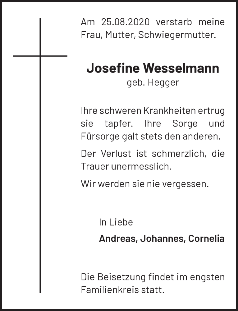  Traueranzeige für Josefine Wesselmann vom 04.09.2020 aus  Werbepost 