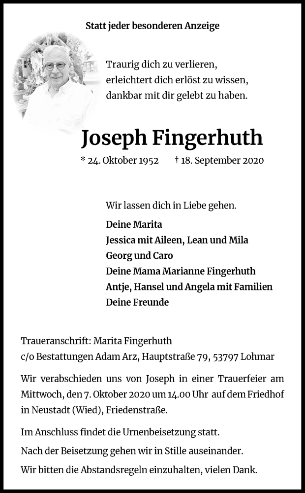  Traueranzeige für Joseph Fingerhuth vom 26.09.2020 aus Kölner Stadt-Anzeiger / Kölnische Rundschau / Express