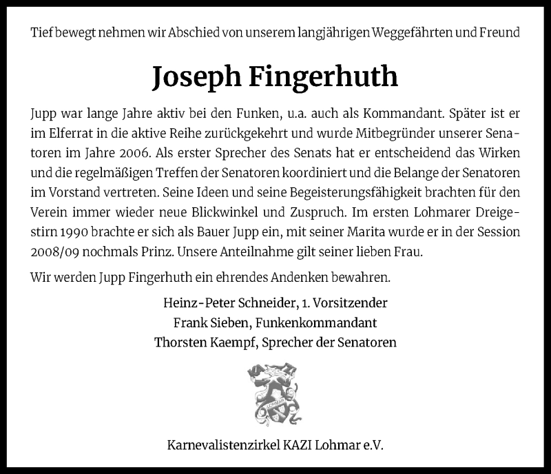  Traueranzeige für Joseph Fingerhuth vom 26.09.2020 aus Kölner Stadt-Anzeiger / Kölnische Rundschau / Express