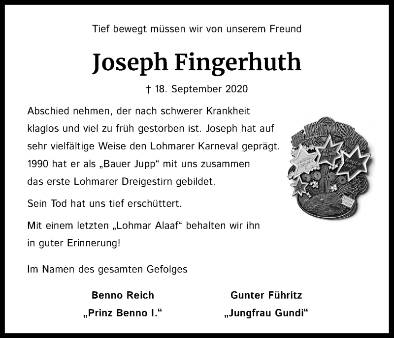  Traueranzeige für Joseph Fingerhuth vom 26.09.2020 aus Kölner Stadt-Anzeiger / Kölnische Rundschau / Express