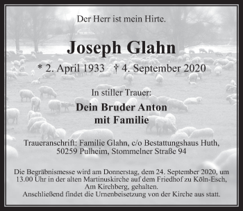 Anzeige von Joseph Glahn von  Kölner Wochenspiegel 
