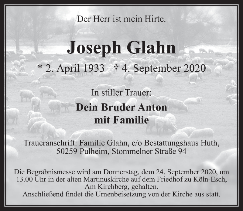  Traueranzeige für Joseph Glahn vom 18.09.2020 aus  Kölner Wochenspiegel 