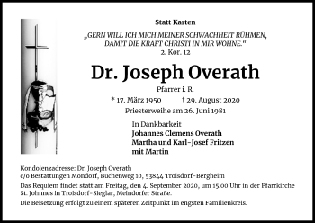 Anzeige von Joseph Overath von Kölner Stadt-Anzeiger / Kölnische Rundschau / Express