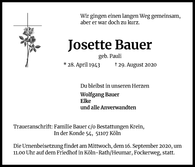  Traueranzeige für Josette Bauer vom 09.09.2020 aus Kölner Stadt-Anzeiger / Kölnische Rundschau / Express