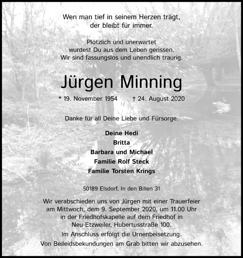  Traueranzeige für Jürgen Minning vom 02.09.2020 aus Kölner Stadt-Anzeiger / Kölnische Rundschau / Express
