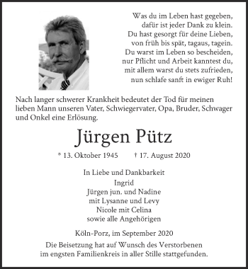 Anzeige von Jürgen Pütz von  Kölner Wochenspiegel 