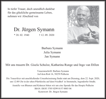 Anzeige von Jürgen Symann von  Wochenende 