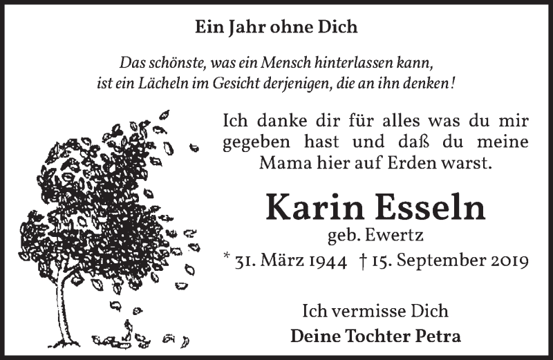  Traueranzeige für Karin Esseln vom 11.09.2020 aus  Werbepost 