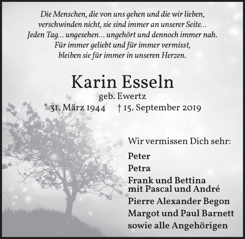  Traueranzeige für Karin Esseln vom 11.09.2020 aus  Werbepost 